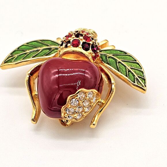 Joan Rivers Apple Bee Brooch Vtg Classics Collection Rhinestone Enamel Pin - Picture 5 of 10